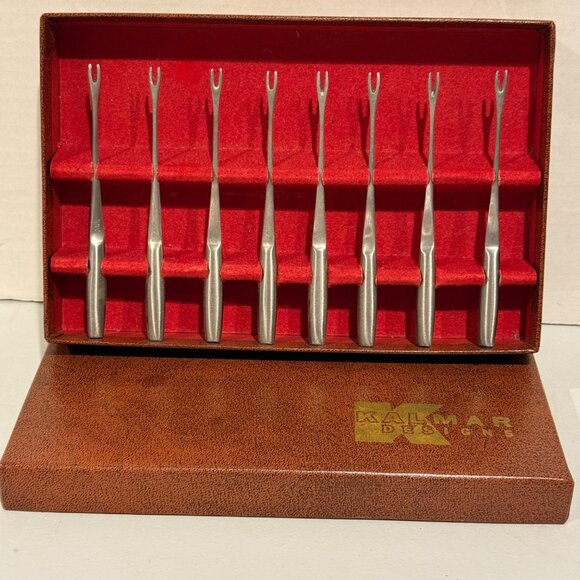 Vintage MCM Kalmar Designs Cocktail Fork Set of 8 Brushed Stainless Steel Italy - Picture 1 of 5